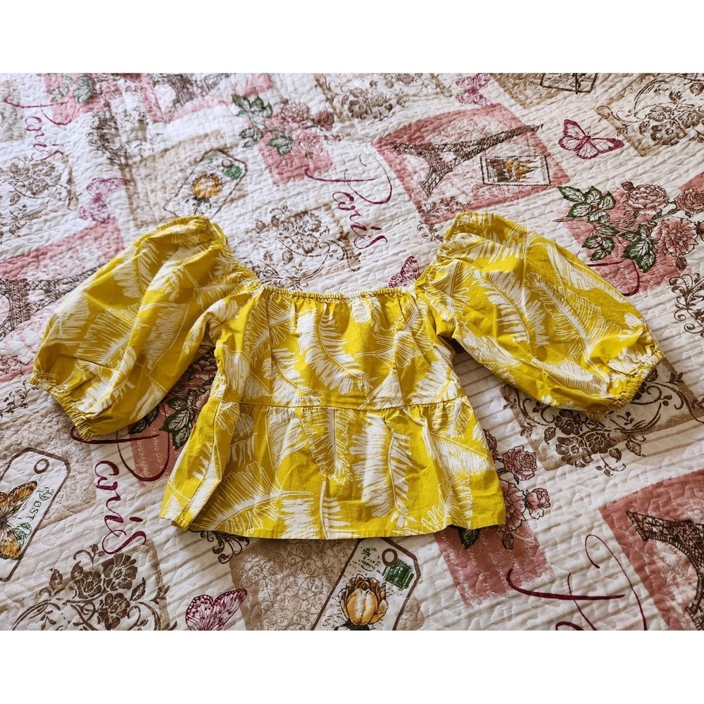 Sim & Sam Palm Print Peplum Top Puff Sleeve Yellow Chartreuse Tropical Boho Sz S